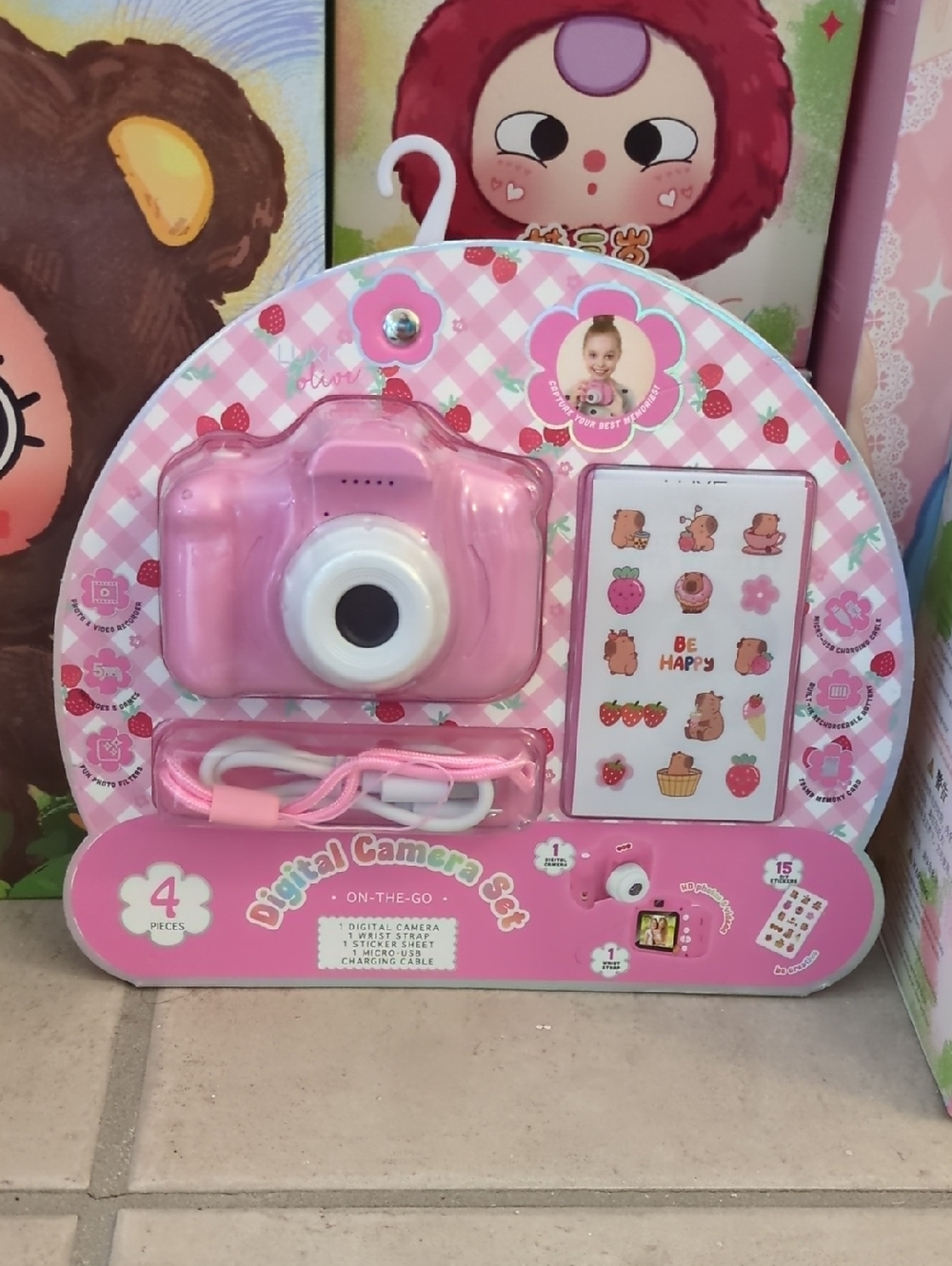 Pink Kids Toy Digital Camera with capybara Stickers